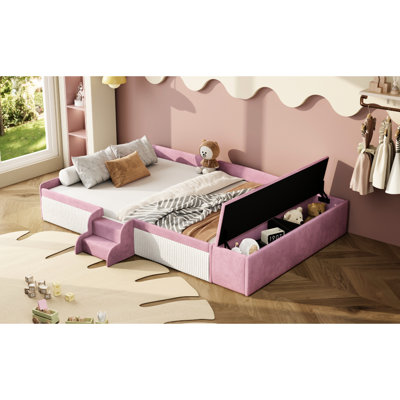 Pink+White Full Size Velvet Upholstered Daybed With Stairs, Gas Lift Storage And Thought - Through Guardrails Safe Proof