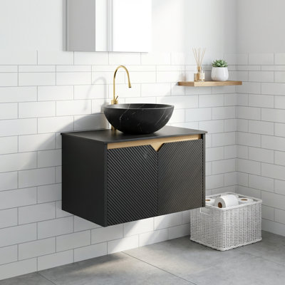 24-Inch Wall-Mounted Floating Bathroom Vanity with Ceramic Vessel Basin and Sintered Stone Top, Black Twill Double Door Storage Cabinet