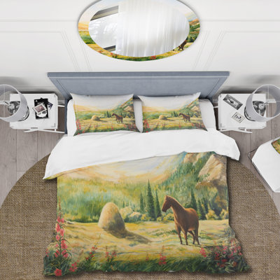Morning Sun In The Mountains With Horse - Ensemble de housse de couette Farmhouse - Microfibre de polyester
