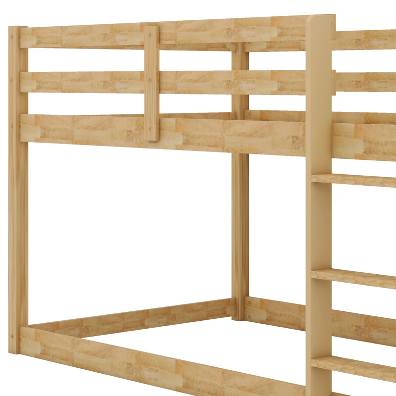 Solid Rubber Wooden Floor Bunk Bed With Ladder And Strengthened Slats, Natural