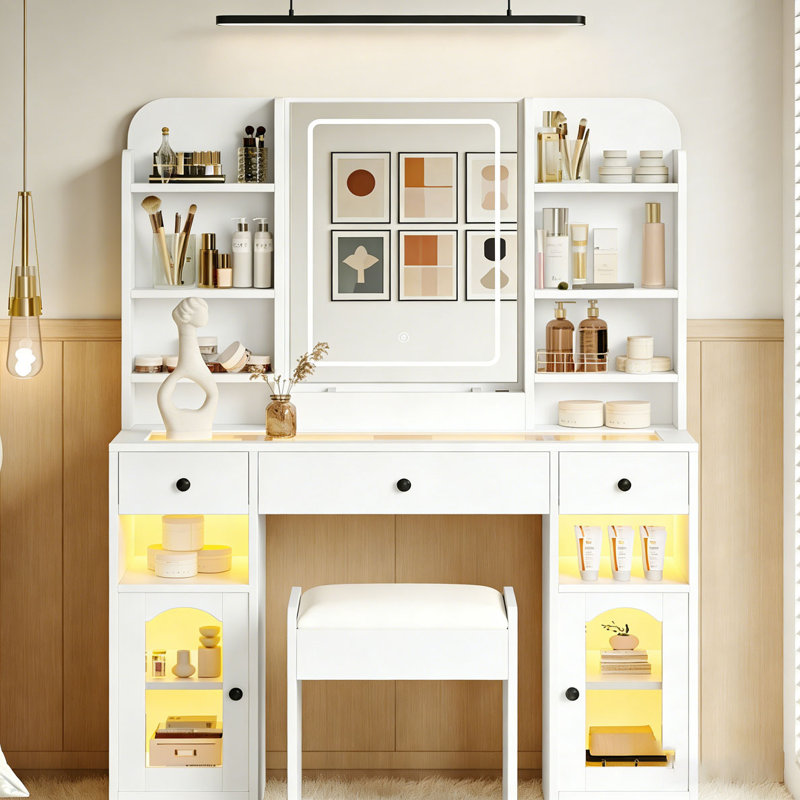 43.2" Vanity Desk with LED Mirror and Lights Storage Shelves and Stool for Bedroom, White