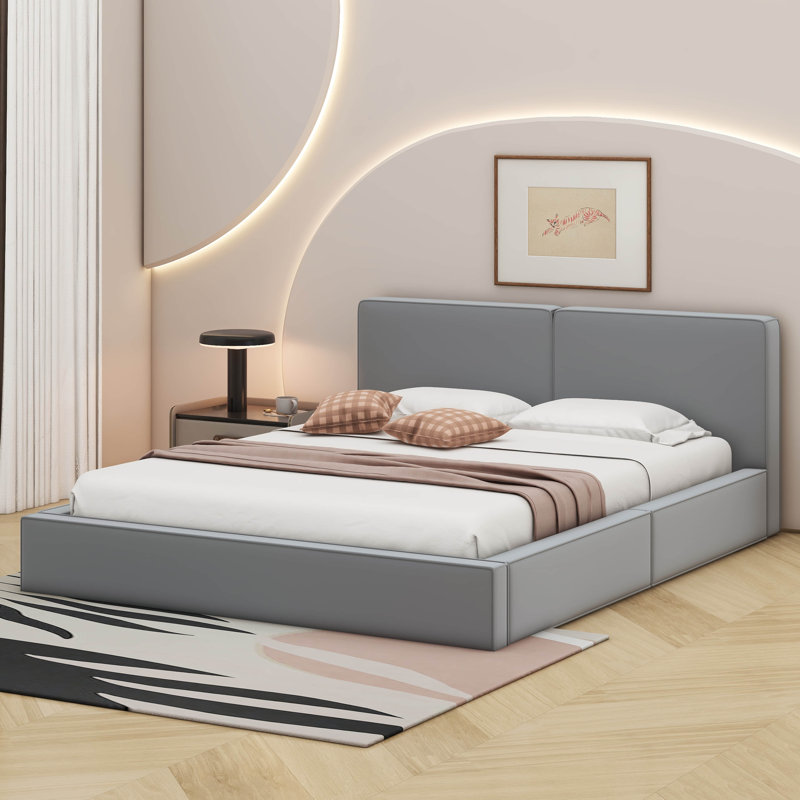 Grand lit tapissier au sol en velours, Gris