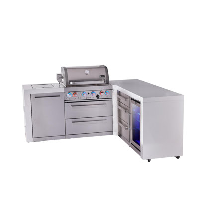 Mont Alpi Deluxe 97"W x 75"D x 46"H L-shaped Stainless Steel Outdoor Kitchen Island with Refrigerator + 32"W 4-Burner BBQ Grill + Side Burner + Granite Countertops + Storage Cabinets + Rotisserie Kit + Cover + Natural Gas Convertible + Lifetime Warranty