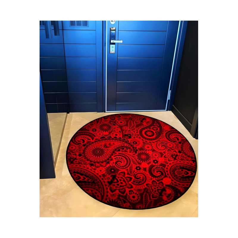 Red Black Ethnic Patterned Woven Base Decorative Carpet, Round 2'8"