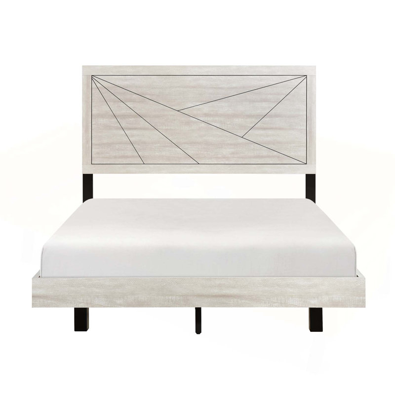 Très grand lit contemporain au fini chêne gris avec fabrication en bois durable et tête de lit à motif de lignes, Très grand
