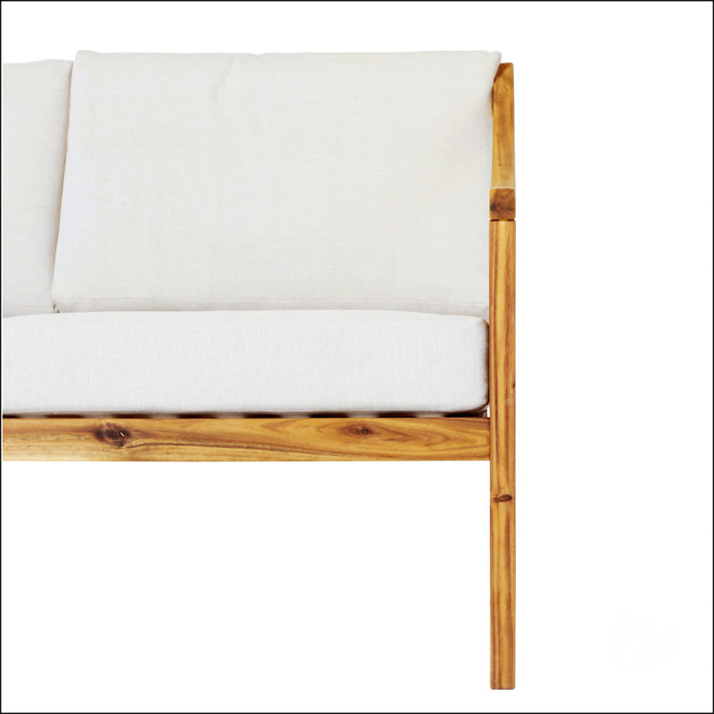 Natural Solid Acacia Wood Curved Arm Outdoor Loveseat with Beige Cushions