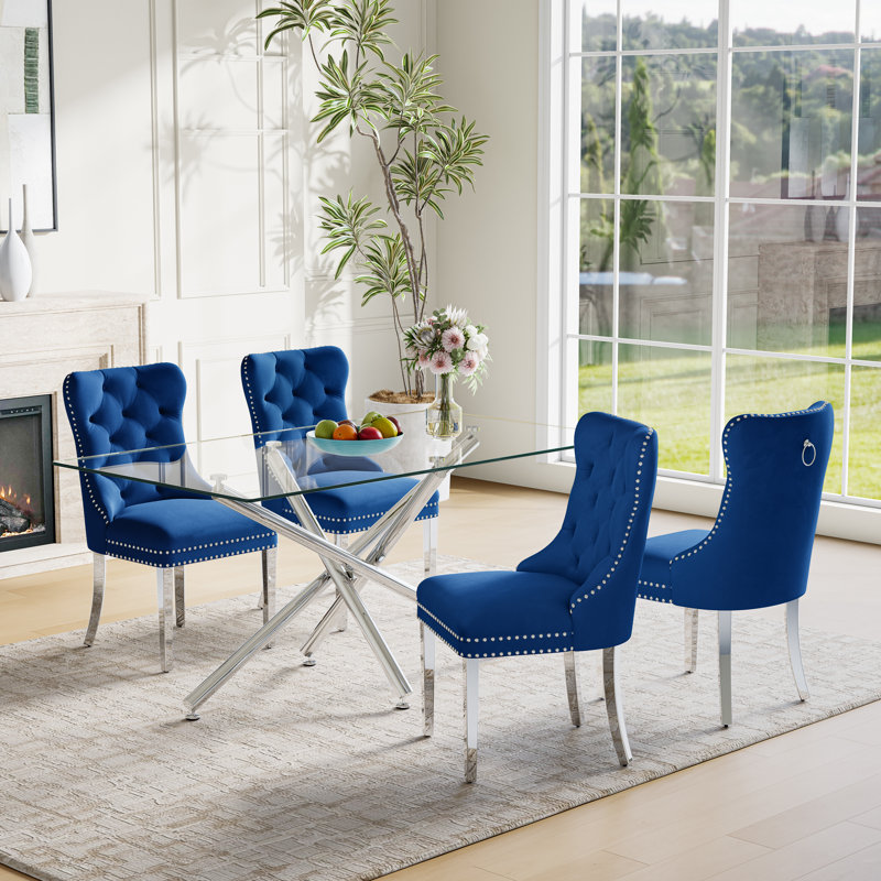 5-Piece Modern Dining Set – Rectangular Glass Table With Mirrored Metal Base & 4 Velvet Upholstered Chairs, Silver/Blue