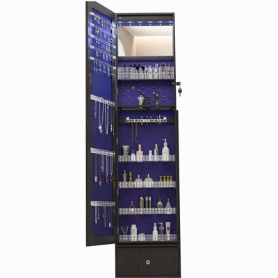 Armoire à bijoux pivotante à 360 ° avec miroir pleine longueur, armoire de rangement pour bijoux à 360 °, armoire de rangement verrouillable, miroir intérieur éclairé et tiroirs de rangement, noir