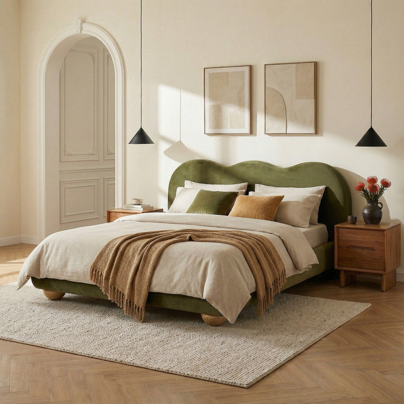 Très grand lit plateforme tapissier très grand avec tête de lit ondulée, tissu en velours, aucun sommier nécessaire