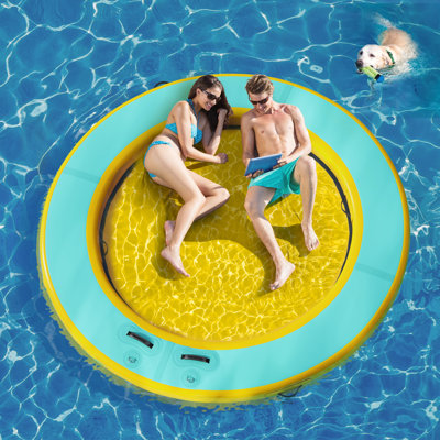 8 Ft Round Inflatable Floating Dock Hammock With Carrying Bag & Detachable Ladder, Yellow And Bright Mint Green