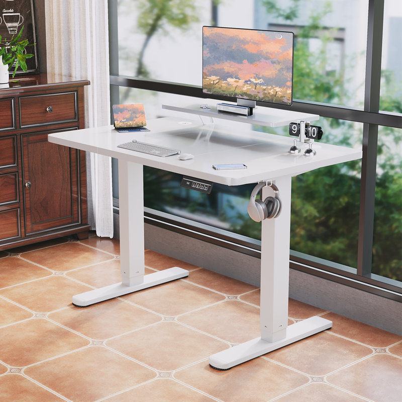 T-Shape Electric Standing Desk With Monitor Stand Memory Smart Pannel Home Office Desk, White, 120 W x 60 D, White