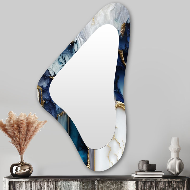 Géode abstraite en marbre blanc et bleu I - Grand miroir mural asymétrique moderne en marbre abstrait