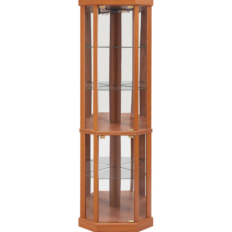 Vitrine d'angle avec système d'éclairage, tablettes réglables et dossier en miroir pour les antiquités mettant en valeur l'éclairage domestique