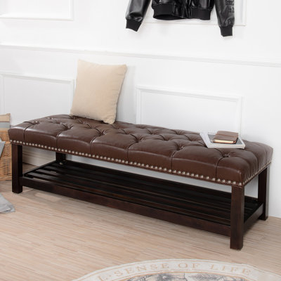 Banc de bout de lit avec rembourrage moelleux, cuir rembourré 60 po, brun pour coussin de chambre à coucher et de salon, zone sombre