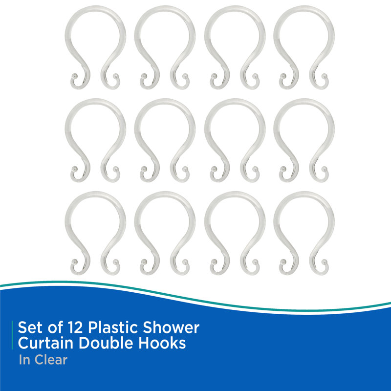 Clear Plastic Double Shower Curtain Hooks Set of 12