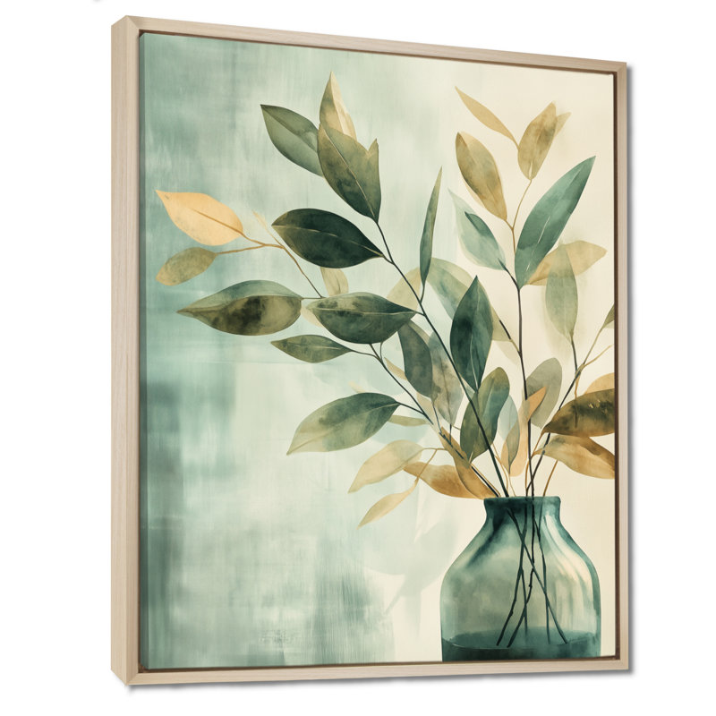 Gilded Leaves In Glass Vase I - Green Botanical Framed Wall Art Print, H 32 po x l 16 po, Cadre naturel flottant
