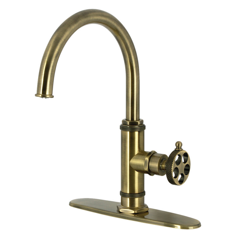 Kingston Brass Webb Single-Handle 1-Hole Deck Mount Kitchen Faucet with Knurled Handle and Brass Side Sprayer, Antique Brass
