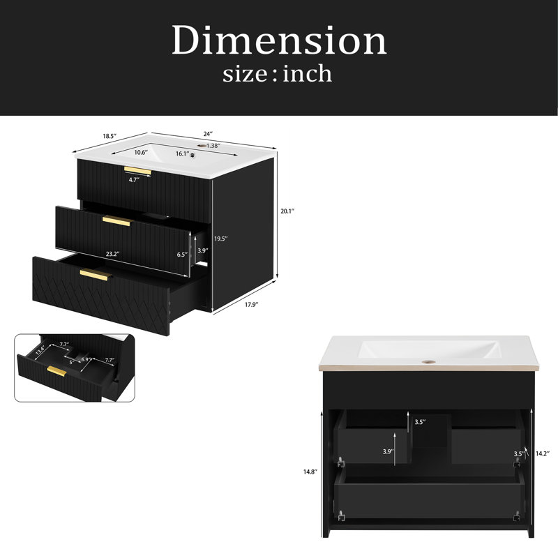 Armoire murale suspendue 24 po avec tiroir double, petit lavabo de salle de bain rectangulaire flottant avec trou de robinet simple et trop-plein, armoire de salle de bain moderne avec lavabo en céramique