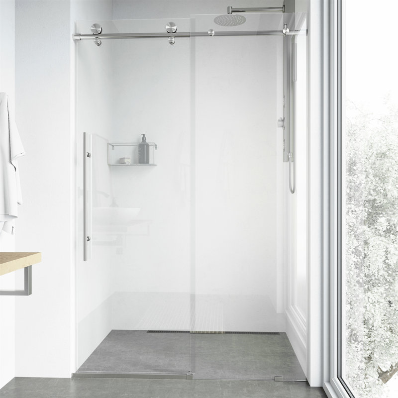 Elan E-Class 60-64" W x 76" H Sliding Frameless Shower Door with 3/8" Clear Glass, Stainless Steel