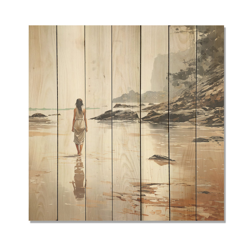 Coastal Pebble Beach II - Minimalisme côtier sur bois, H 15 po x l 15 po