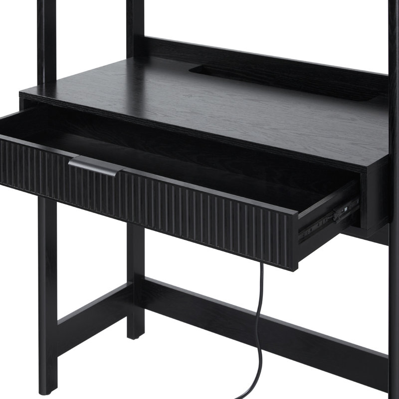 Jorah Reeded Desk with Hutch and Drawers Plus Tech Management, Black