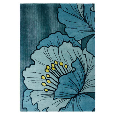 Tapis bleu en laine fabriqué à la main Floric Grandeur par NICOLE MILLER à New York 5 pi x 7 pi