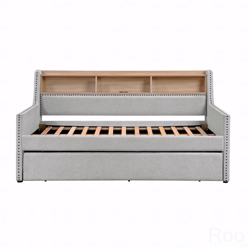 1Pc Light Gray Daybed With Pull-Out Trundle Bookcase Side Panel Charging Ports Nailhead Trim Modern Design Furniture