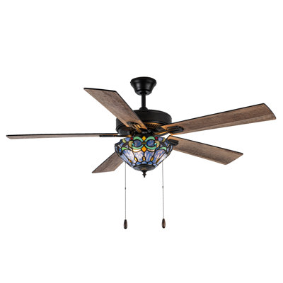 52"W Khoren 5-Blade Remote-Controlled Stained Glass Ceiling Fan