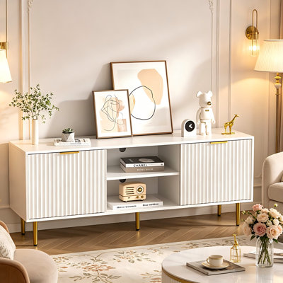 Modern Industrial TV Stand Media Console – Wood & Metal Frame, Open Storage & Cable Management