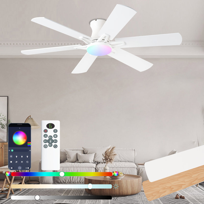 Ventilateurs de plafond avec lumières, ventilateur de plafond encastré de 52 po avec éclairage et télécommande, silencieux, réversible, 3CCT, à intensité variable, blanc, RVB, ventilateur de profil bas pour chambre à coucher, salon, utilisation intérieure / extérieure