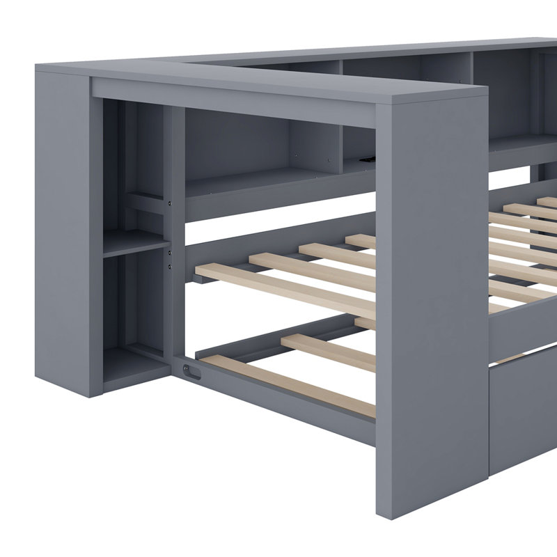 Lit plateforme en bois avec tablettes de rangement, gigogne, Gris, Lit simple