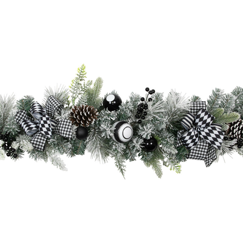Flocked Pine With Harlequin Ornaments And Bows Artificial Christmas Garland - 6' X 8" - Unlit