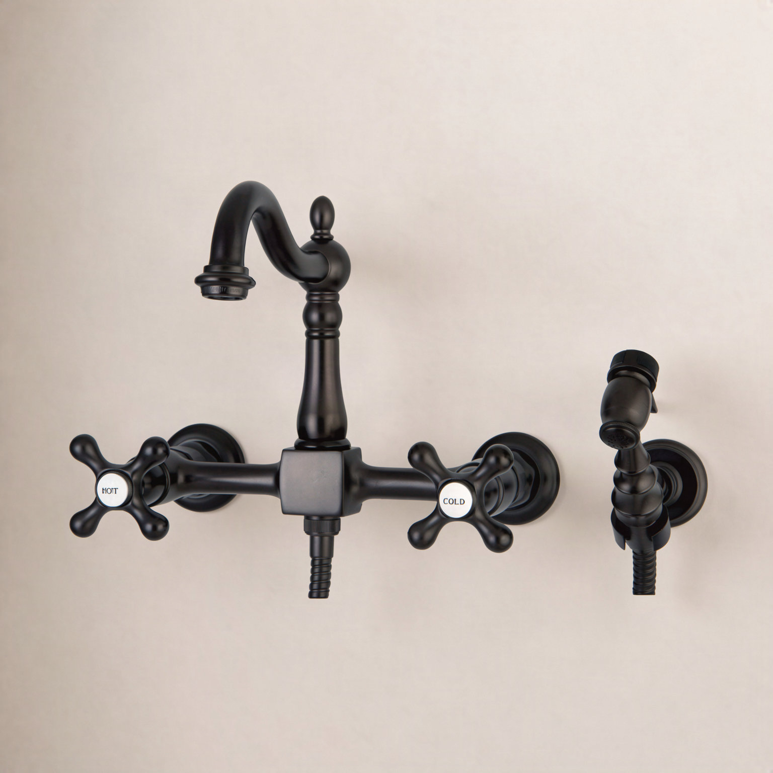Kingston Brass Heritage Double-Handle 3-Hole Wall-Mount Bridge Kitchen Faucet with Brass Sprayer, Oil rubbed bronze
