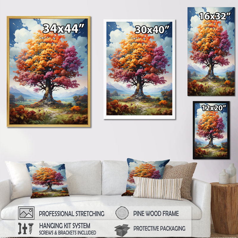 Glorious Autumn Tree in the Countryside - reproduction d'art sur toile, H 44 po x l 34 po x P 1,5 po, Cadre simple argenté