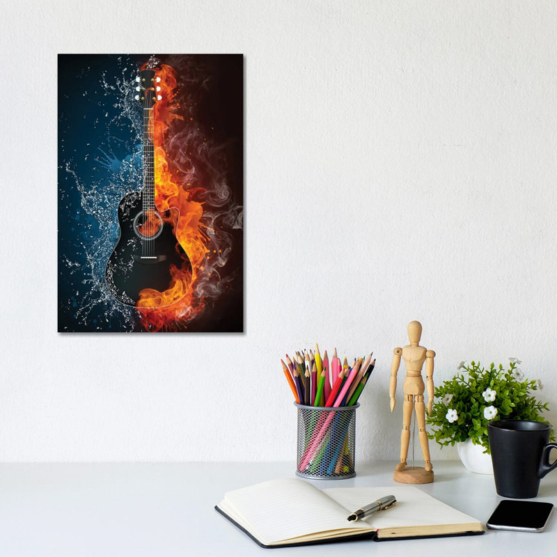 Acoustic Guitar Fire And Water - Print on Canvas, Wrapped Canvas, 66.04 cm H x 45.72 cm W x 1.91 cm D