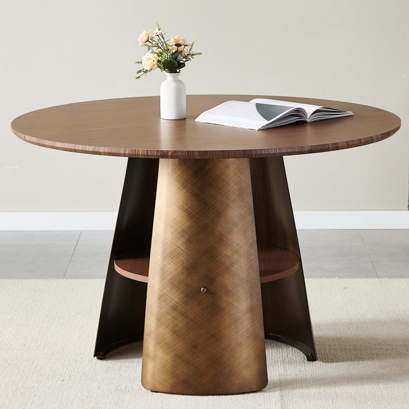 47.25 Inch Retro Brushed Texture Round Dining Table, Walnut Wood MDF Top Bronze Metal Frame For 4-6 People