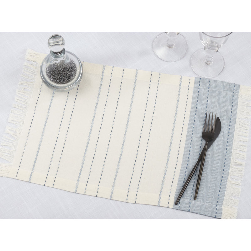 Light Blue and Beige Cotton Striped Rectangle Placemats, Set of 4
