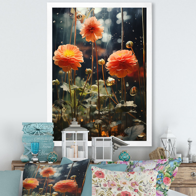 "Fleurs de zinnias orange et vertes", Cadre simple blanc, H 20 po x l 12 po x P 1 po