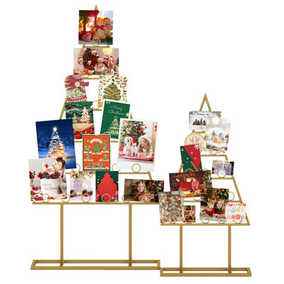 2 Pack Christmas Tree Card Holder with 36 Round Clips Metal Hanging Rack,Golden