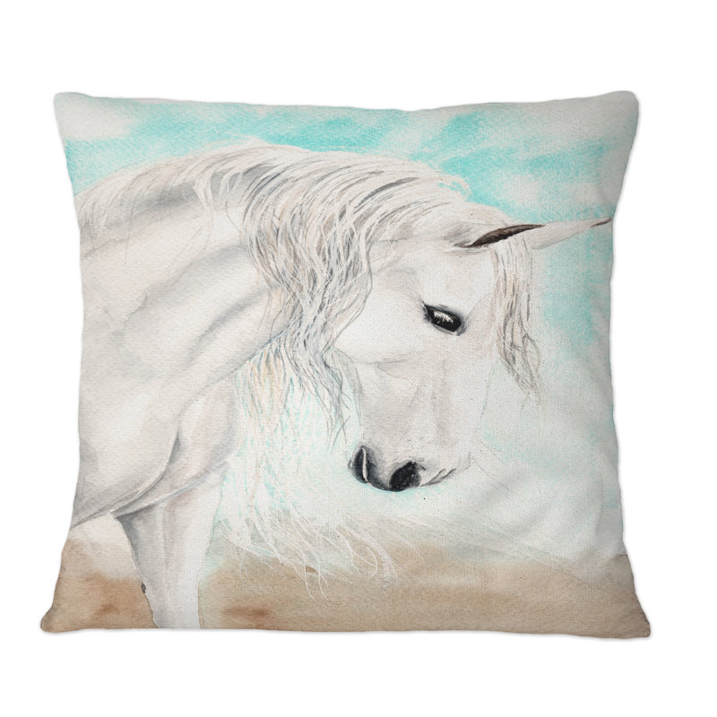 Portrait d'un cheval blanc avec une longue crinière blanche - Coussin décoratif traditionnel, 16 po x 16 po