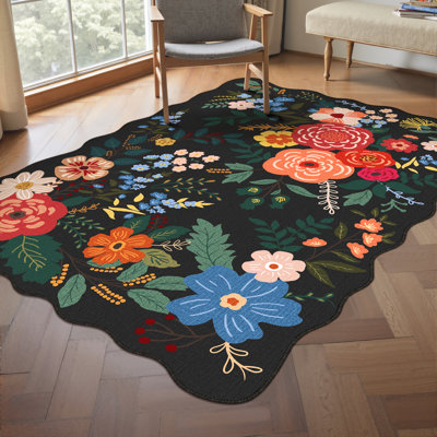  Tapis cerise lavable à la machine à motif floral noir