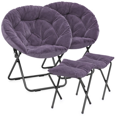 Round Faux Fur Saucer Chair With Ottoman Folding Lounge Chair And Footrest Set With Metal Frame Perfect For Living Room Or Bedroom