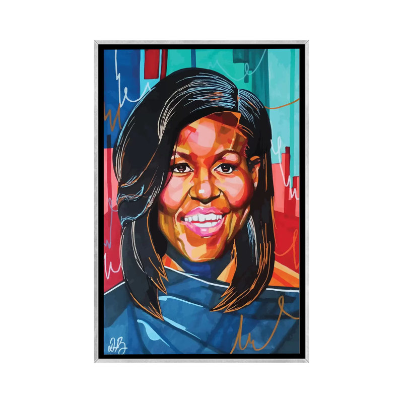 Michelle Obama - impression d'art graphique, Pas de tapis, Toile avec cadre argenté, H 26 po x l 40 po x 1,5 po