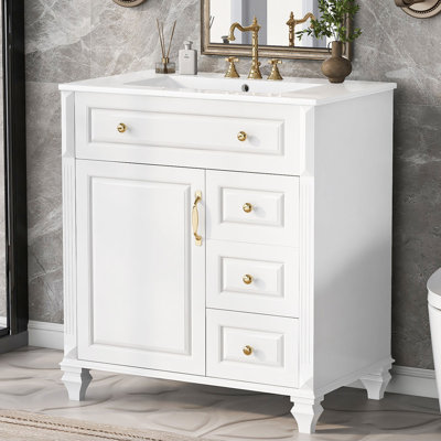 Meuble-lavabo autoportant de 76 cm (30 pouces), avec lavabo en céramique intégrée, tiroir rabattable et tablette réglable.