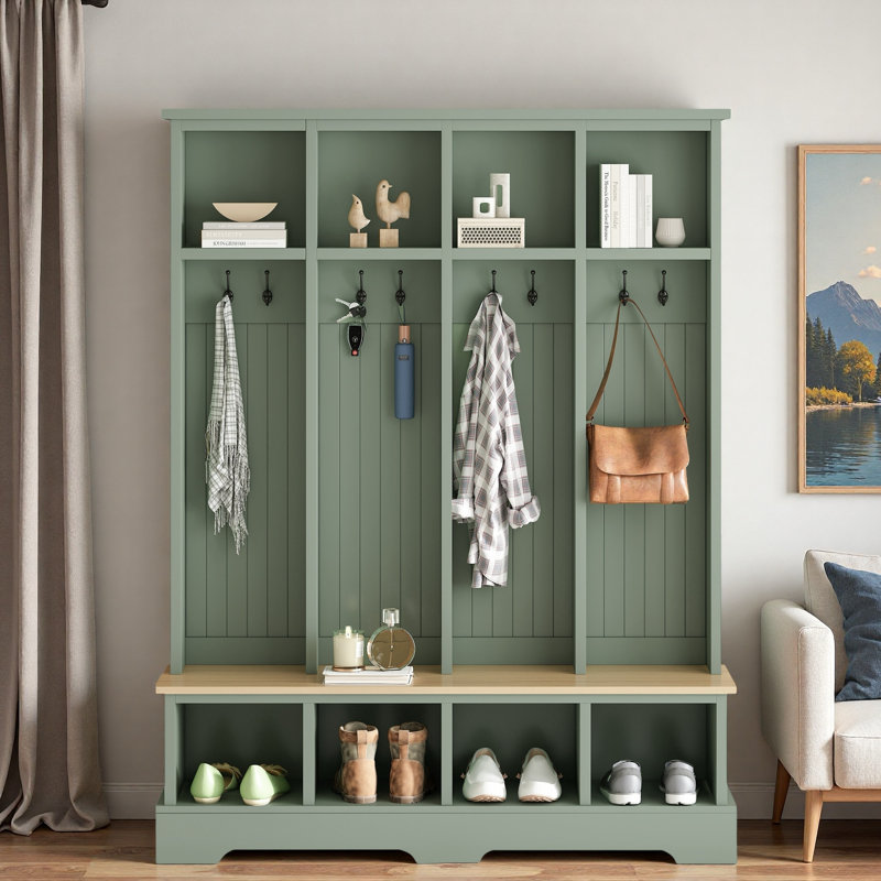 Farmhouse Wide Hall Tree With 8 Hooks, Bench And Open Compartments, Green