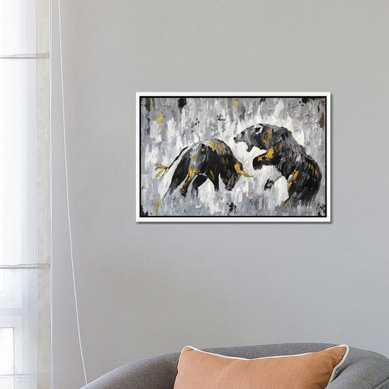 Bull Vs Bear Stock Market Close Ups I by Viola Painting - Print on Canvas, White Floater Framed, 66.04 cm H x 45.72 cm W