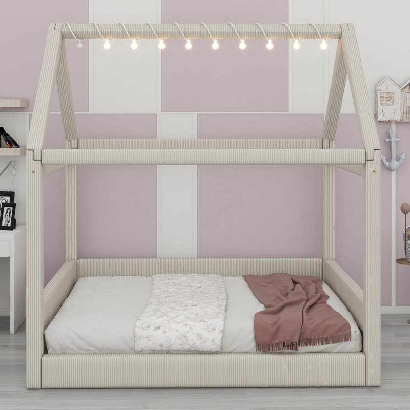 Lit de jour pour chambre double avec bandes lumineuses à DEL, maison rembourrée avec lattes de bois, aucun sommier nécessaire