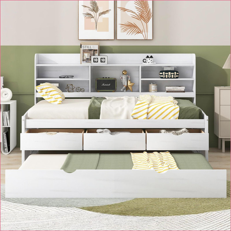 Twin Size Solid Pine Wood Captain Storage Bed with Built-in Bookshelves, 3 Drawers &amp; Trundle - No Box Spring Needed, White Wash