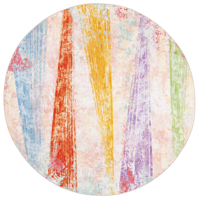 Tapis rose / bleu / orange à motif abstrait Nichalas, Rond 6 pi 7 po