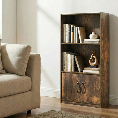 Furinno GRUEN Book Shelf, 2-Tier Small Bookshelf, Bookcase with Open Shelf and Doors Storage Cabinet, 9.3 x 21.8 x 27, for Organization and Storage, for Living Room, Bedroom, Home Office, Amber Pine